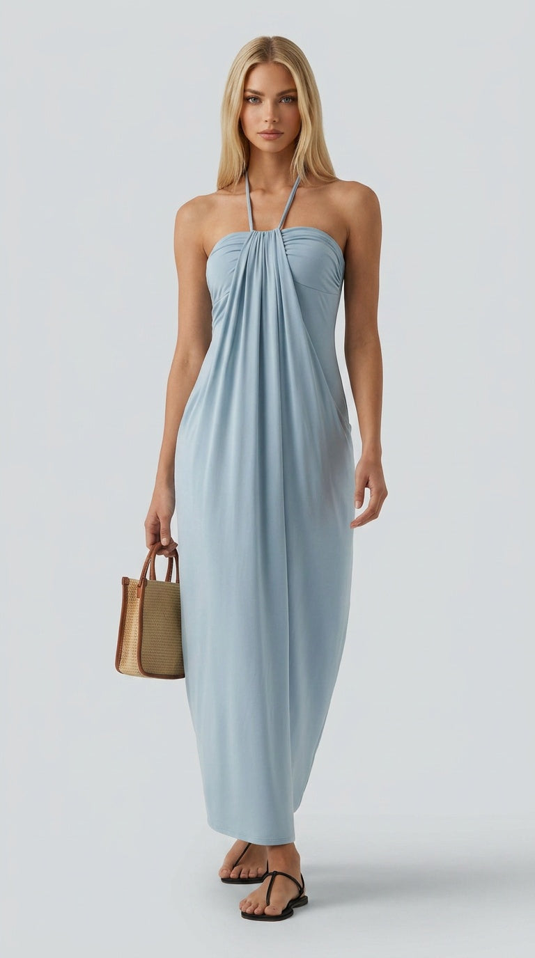 Santorini - Halter Tie Back Maxi Dress with Pockets